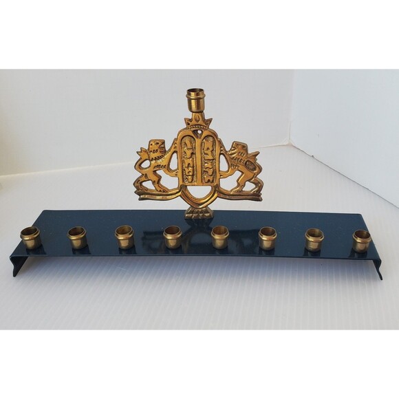 MENORAH Candle Holder JUDAICA Jewish Chanukah Hanukkah VTG Brass Lions Blue Mini - Picture 2 of 9